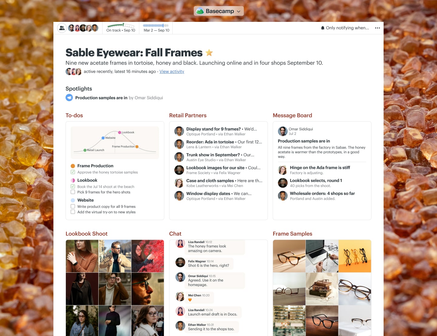 An eyewear collection project in Basecamp with a Message Board, Docs & Files, Chat, To-dos, and Email Forwards