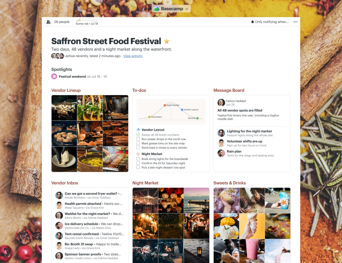 A food festival management project in Basecamp with a Message Board, a Calendar, Docs & Files, and To-dos