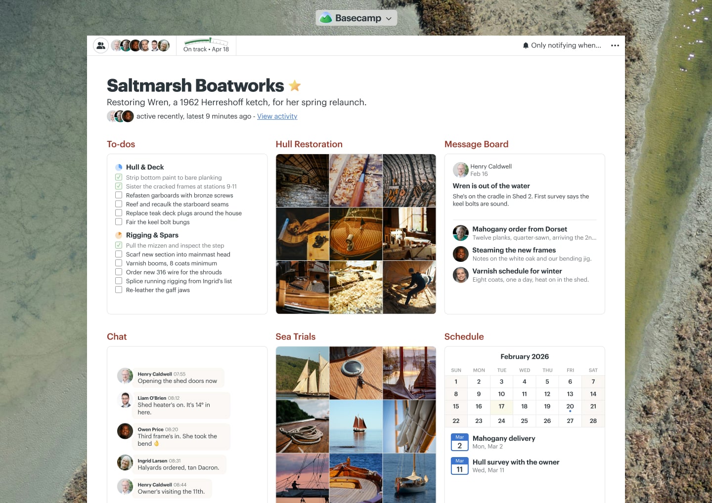A boat restoration project in Basecamp with Docs & Files, a Message Board, To-dos, and Chat