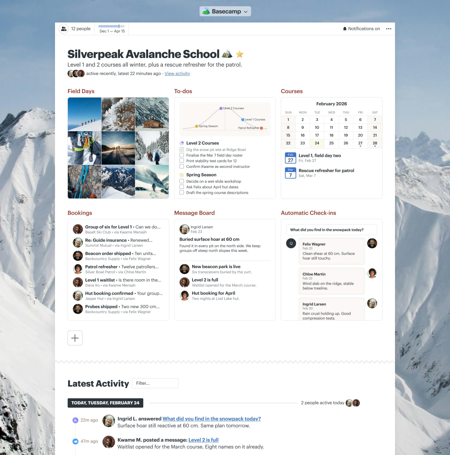 An avalanche safety courses project in Basecamp with a Schedule, Docs & Files, Email Forwards, a Message Board, and Automatic Check-ins