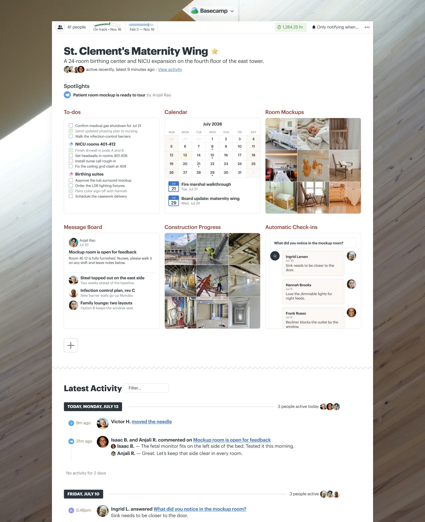 A hospital wing construction project in Basecamp with Docs & Files, a Message Board, To-dos, a Calendar, and Automatic Check-ins