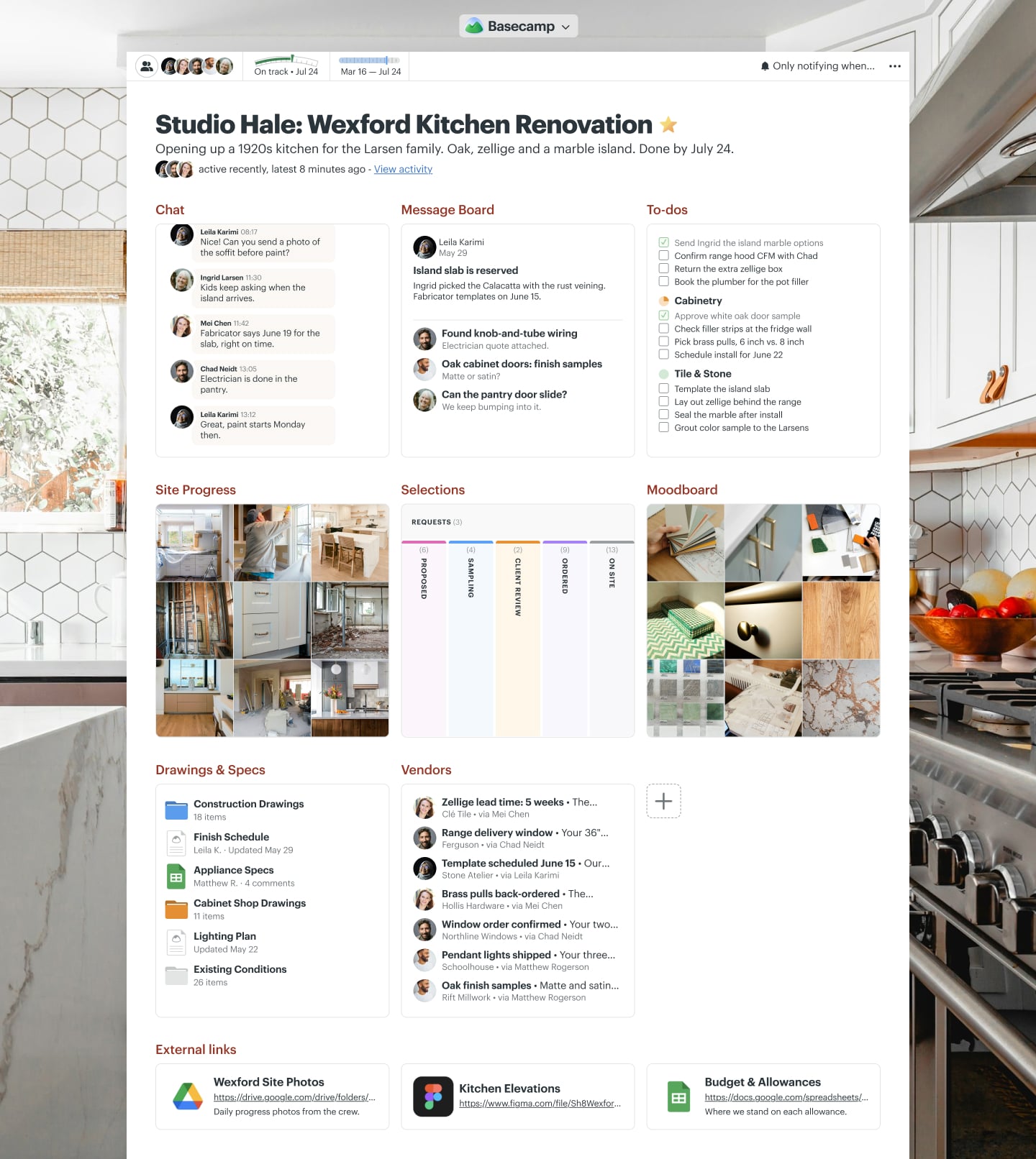 A kitchen renovation project in Basecamp with Docs & Files, a Message Board, To-dos, a Calendar, and Email Forwards