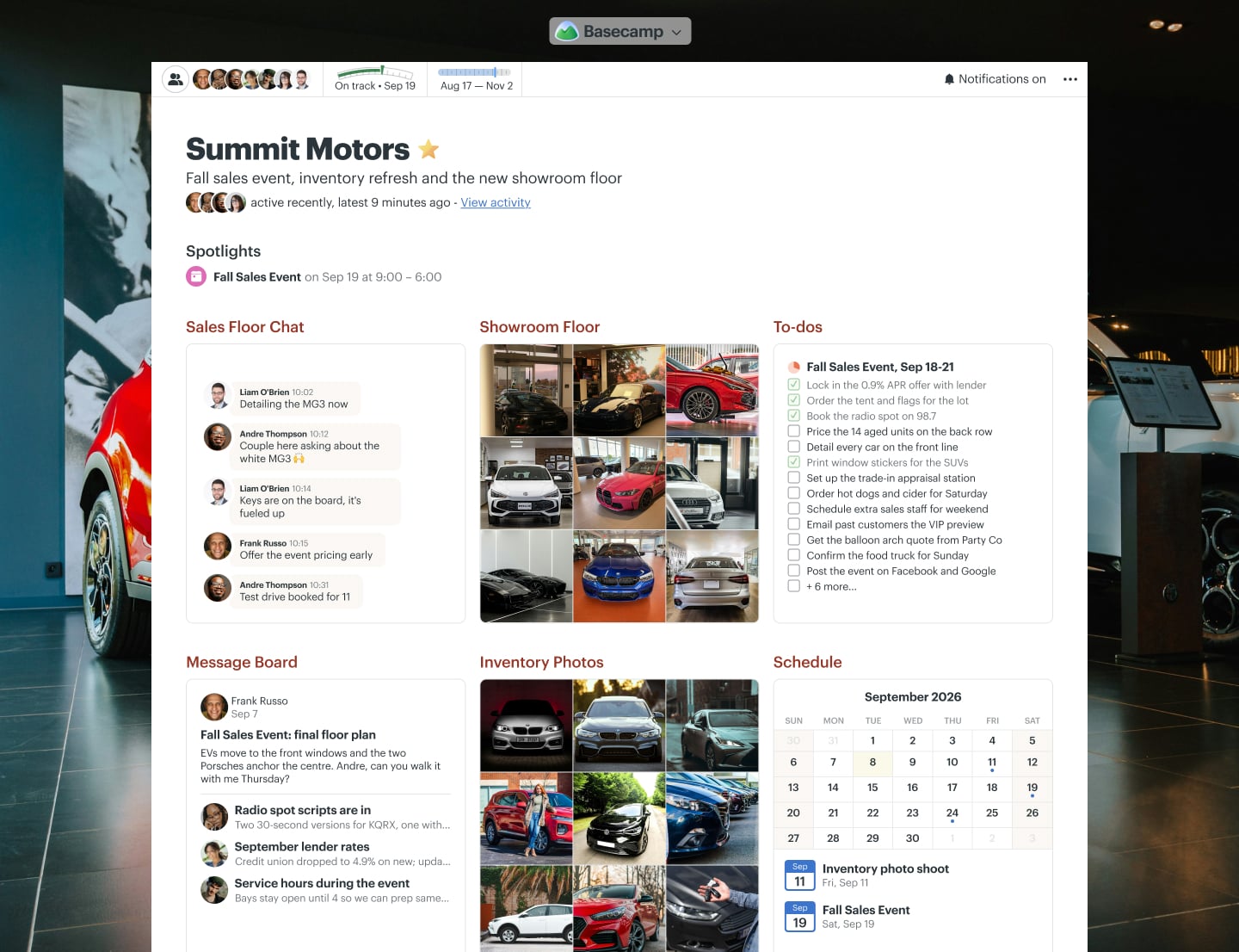 A car showroom remodel project in Basecamp with a Message Board, a Schedule, Docs & Files, To-dos, and Chat