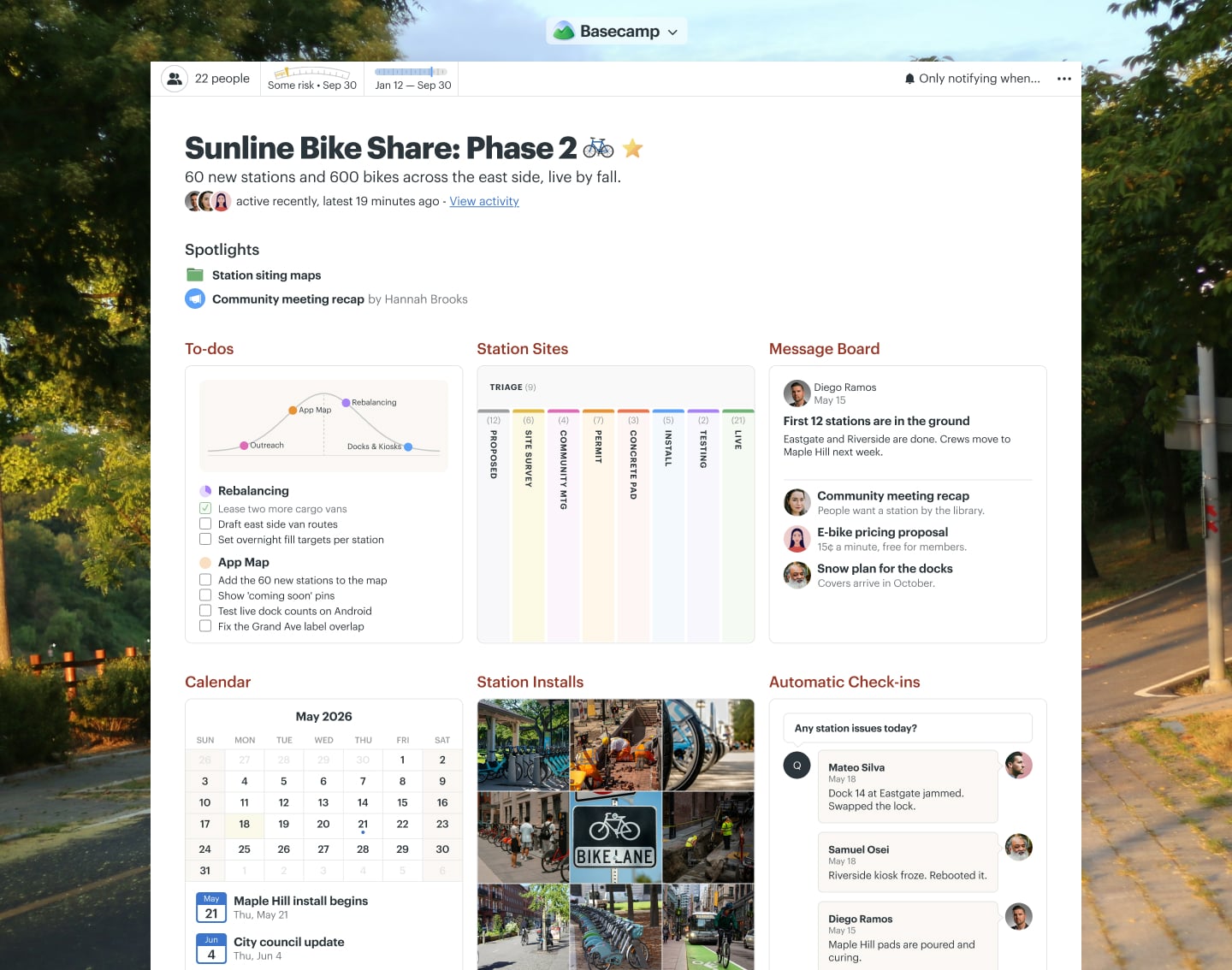 A bike share expansion project in Basecamp with a Card Table, Docs & Files, a Message Board, and Automatic Check-ins