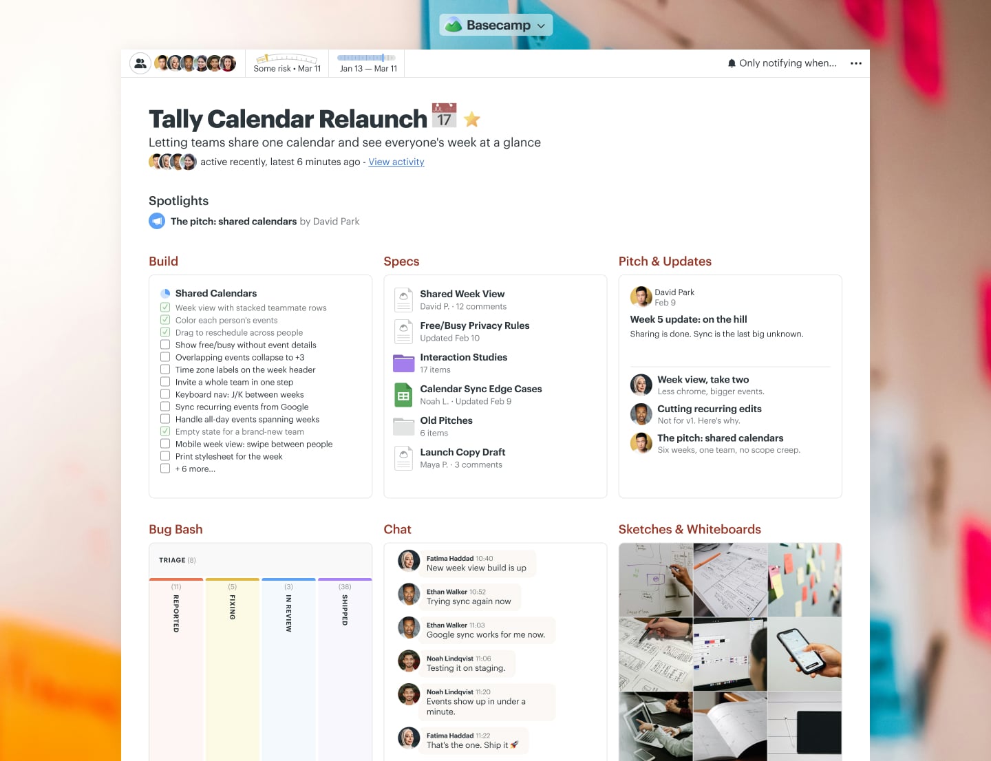 A software relaunch project in Basecamp with a Message Board, a Card Table, Docs & Files, To-dos, Automatic Check-ins, and Chat