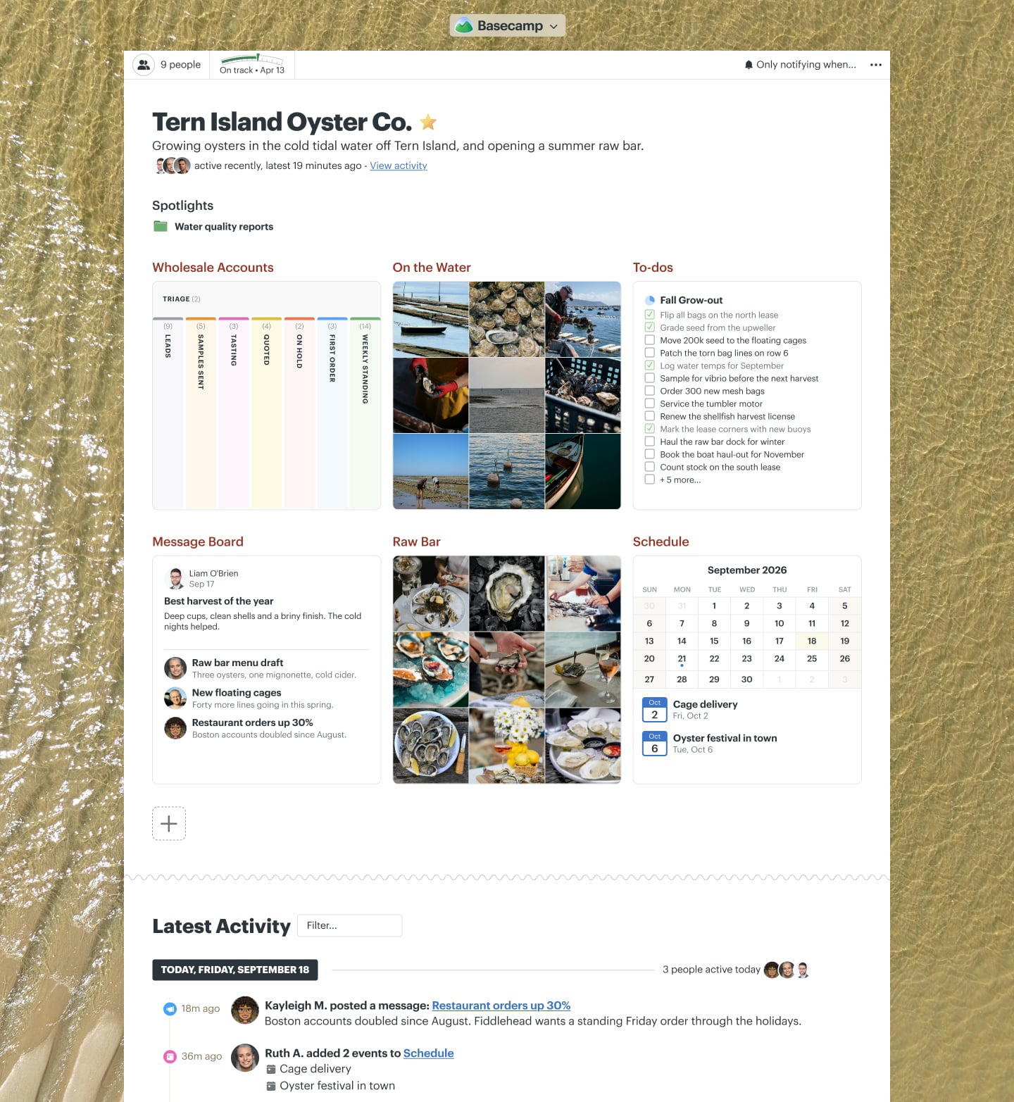 A seasonal pop-up restaurant project in Basecamp with Docs & Files, a Message Board, Email Forwards, To-dos, and a Schedule