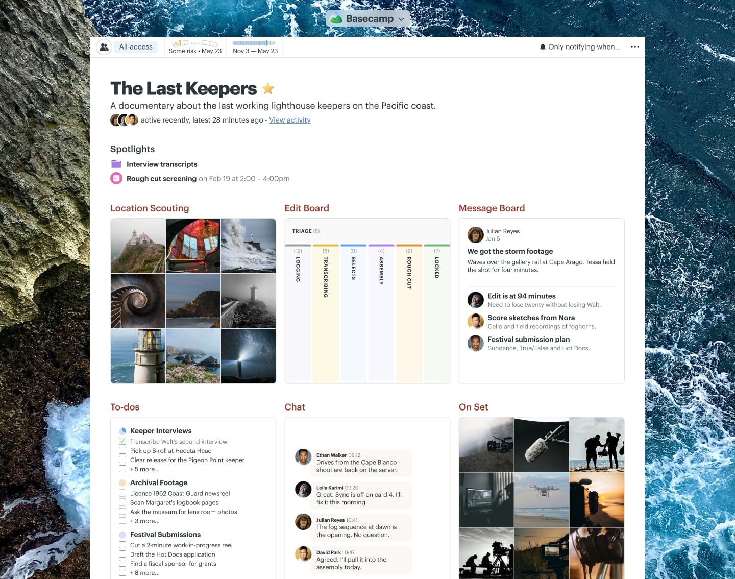 A documentary production project in Basecamp with Docs & Files, a Message Board, To-dos, and a Schedule