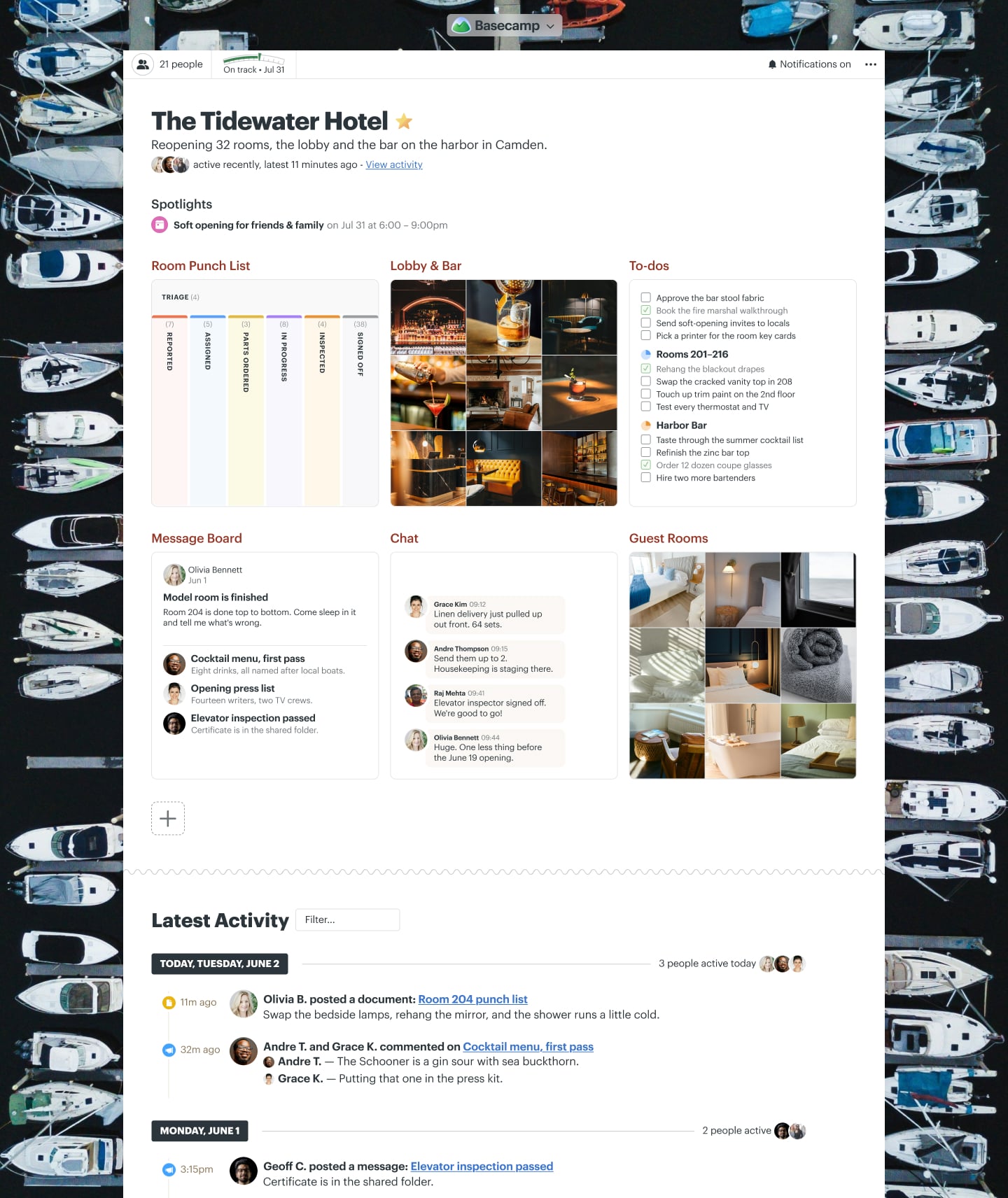 A hotel renovation project in Basecamp with Docs & Files, a Message Board, Email Forwards, To-dos, and a Calendar