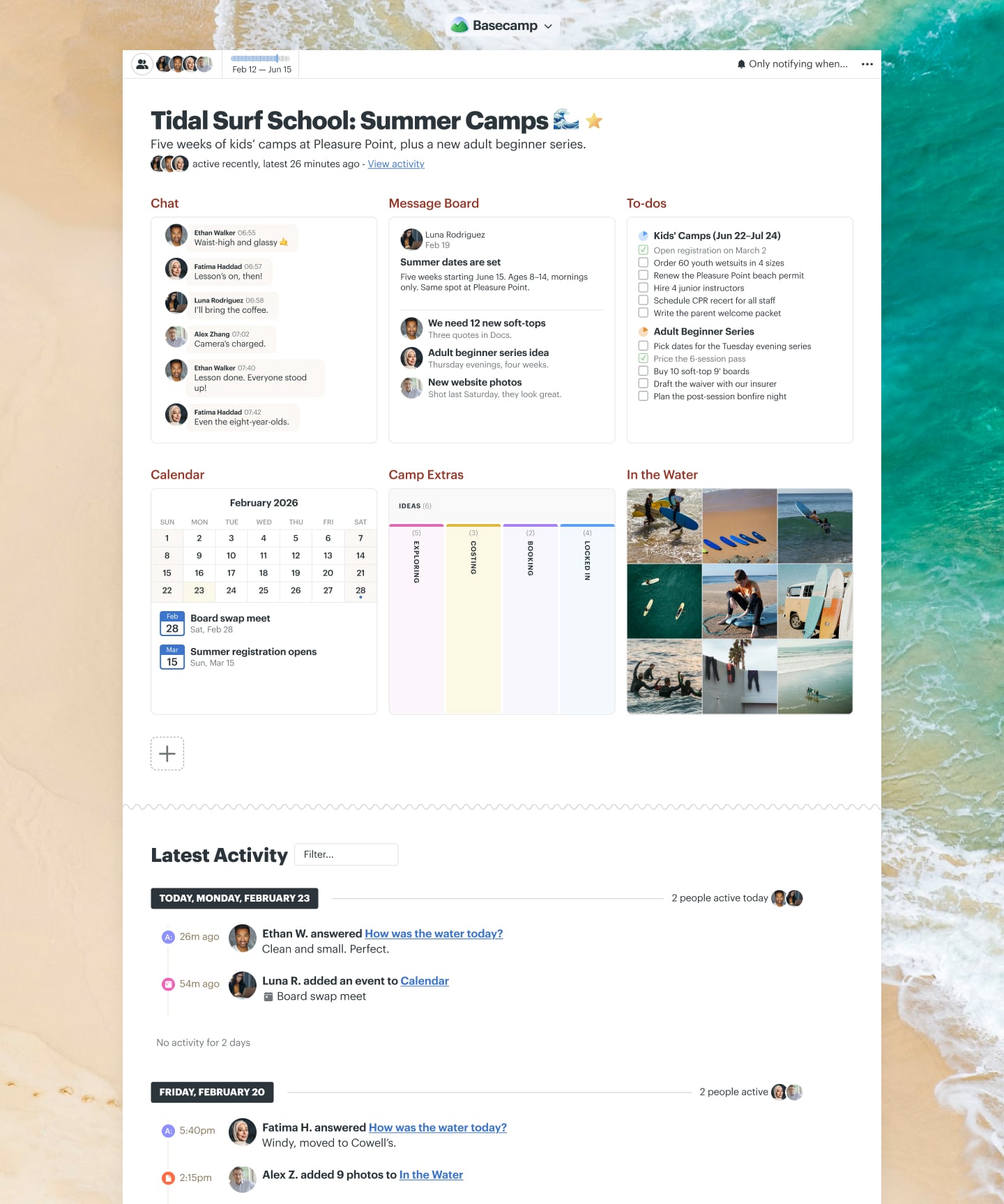 A summer surf camps project in Basecamp with Docs & Files, a Message Board, a Calendar, To-dos, Chat, and Automatic Check-ins