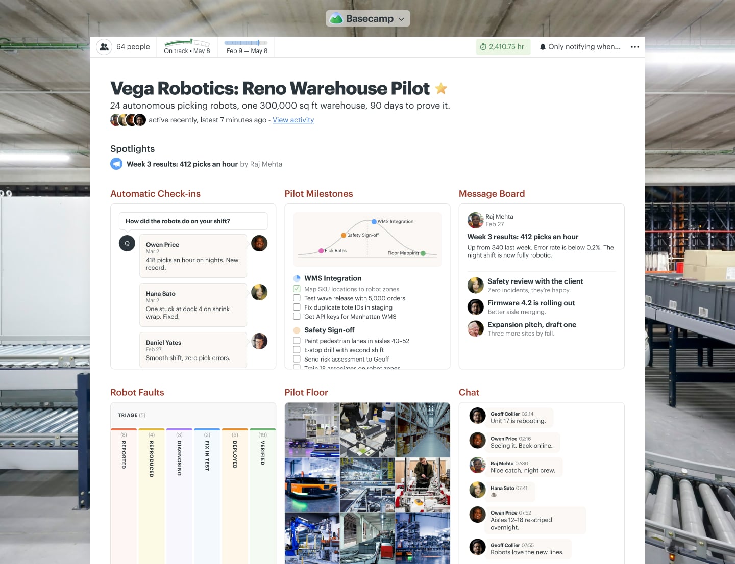 A warehouse robotics pilot project in Basecamp with a Message Board, Docs & Files, To-dos, a Calendar, Automatic Check-ins, and Chat