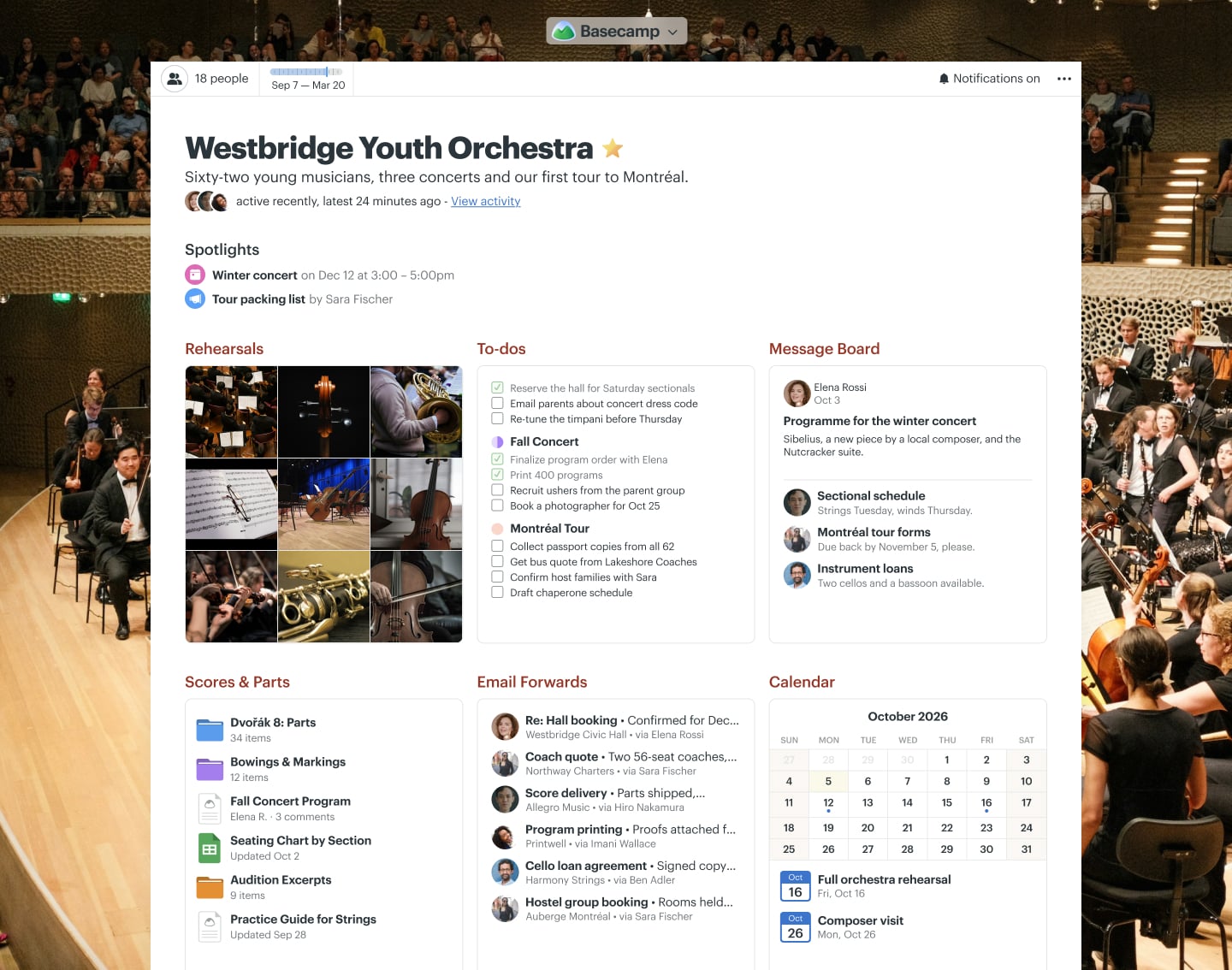 A youth orchestra tour project in Basecamp with a Message Board, Docs & Files, a Calendar, To-dos, Email Forwards, and Automatic Check-ins