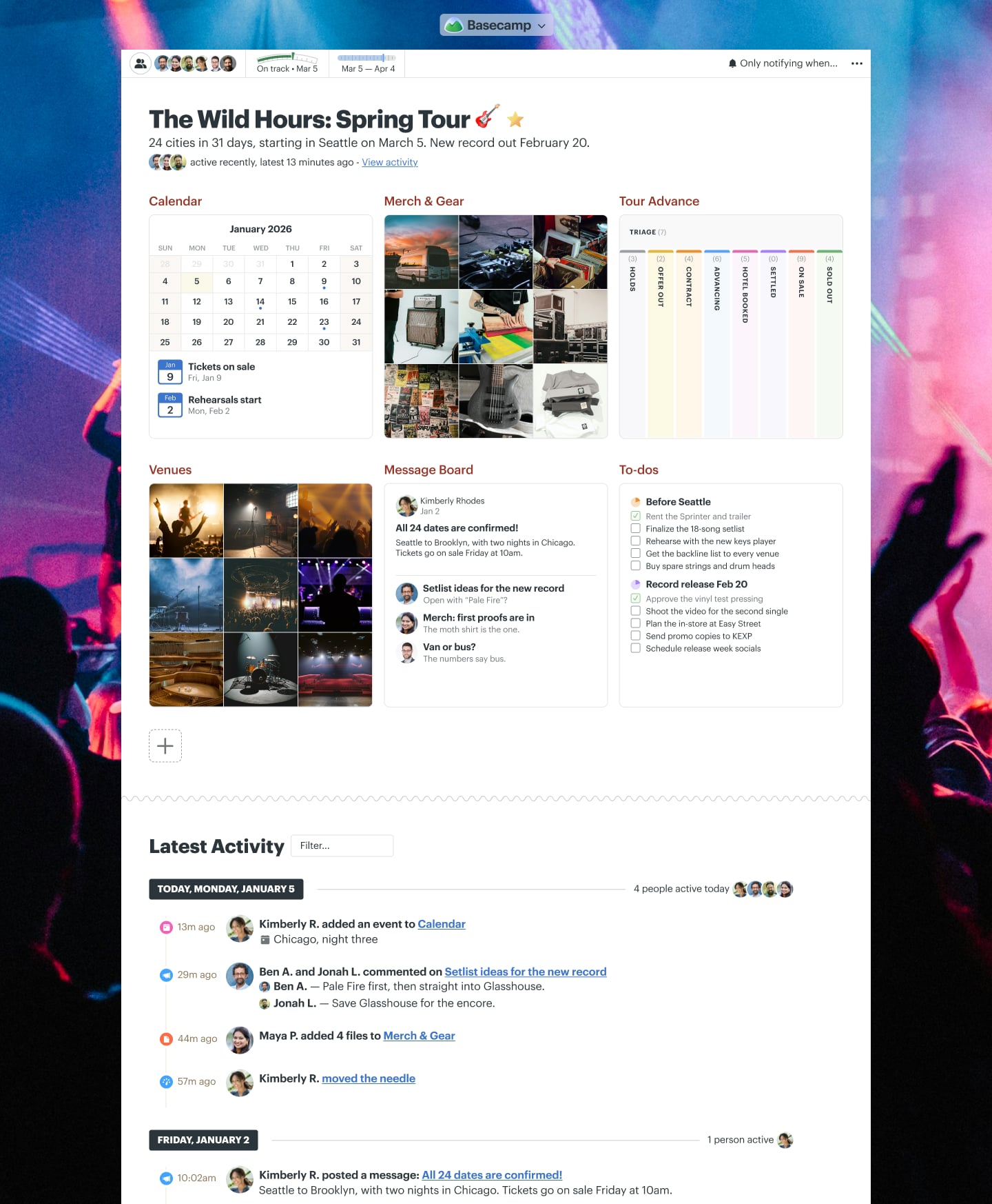 A band tour planning project in Basecamp with a Message Board, Docs & Files, Chat, To-dos, and a Calendar