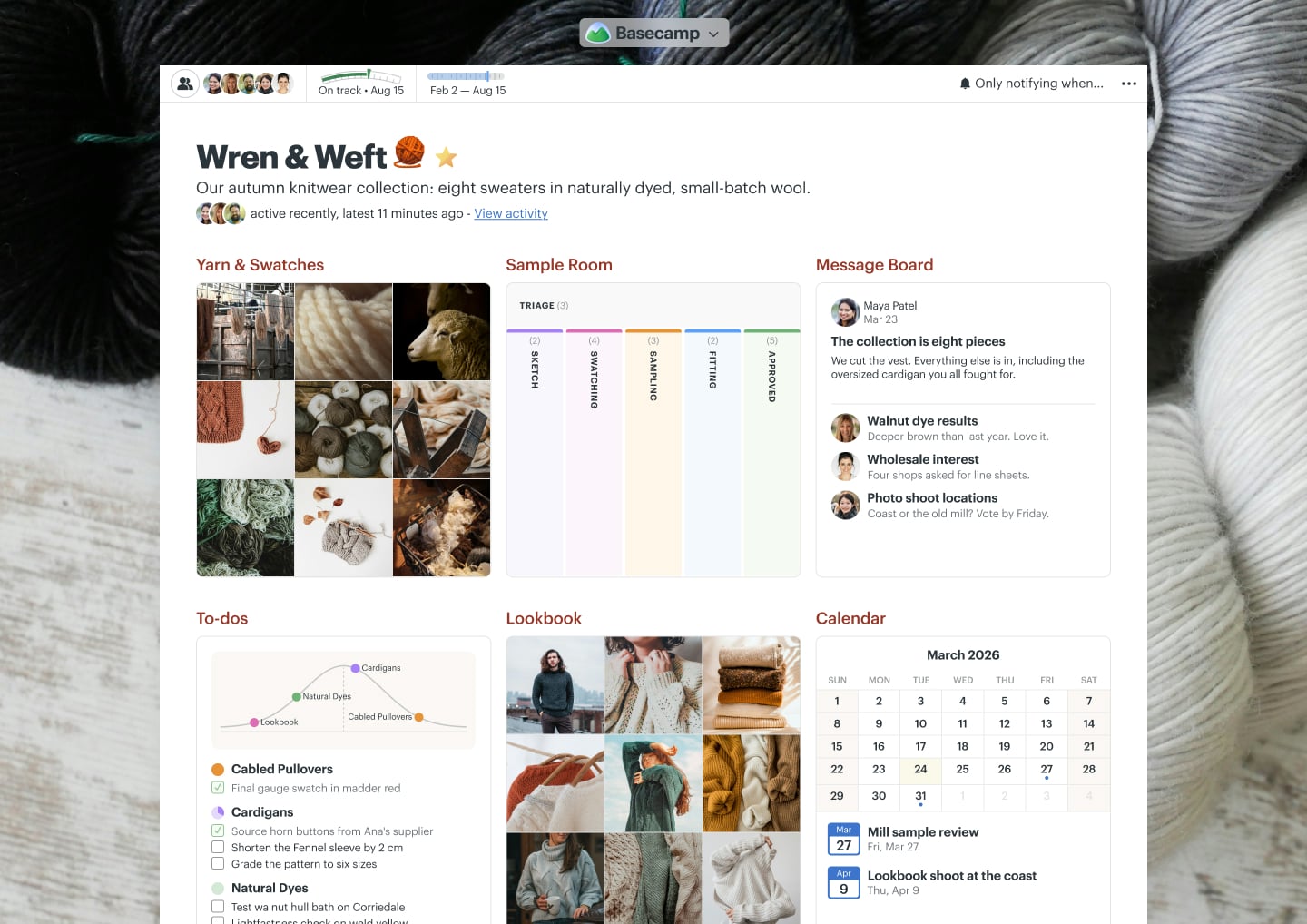 A knitwear collection project in Basecamp with Docs & Files, a Message Board, To-dos, a Calendar, and Automatic Check-ins